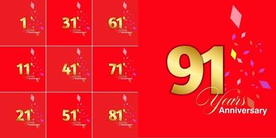 conjunto de números de celebração de aniversário de 1, 11, 21, 31, 41, 51, 61, 71, 81, 91 anos vetor