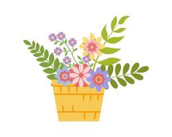 vime cesta com lindo, brilhante Primavera flores botânico ilustração do flores e folhas para páscoa, feriados. impressão para cartazes, cartões, roupas, berçário. vetor plano ilustração