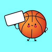 fofa engraçado basquetebol com poster. vetor mão desenhado desenho animado kawaii personagem ilustração ícone. isolado em azul fundo. basquetebol bola pensar conceito