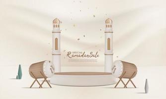 Ramadã venda fundo 3d com pódio, lanterna para saudações, bandeira, poster vetor
