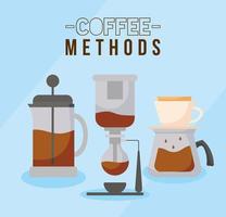 métodos de café com máquina de sifão, prensa francesa e design de vetor de pote