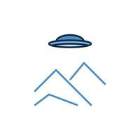 UFO e montanhas vetor conceito colori ícone ou placa