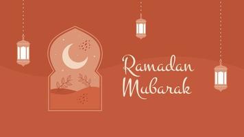 Ramadã Mubarak bandeira fundo com janela, lua e lanternas. vetor