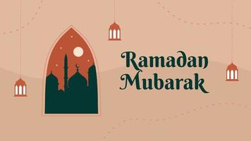 Ramadã Mubarak fundo com janela, lua, mesquita e lanternas. vetor