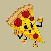 fofa desenho animado pizza personagem. feliz e alegre emoções. velho animação anos 60 anos 70, engraçado desenho animado personagens. na moda ilustração dentro retro estilo. vetor