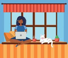 uma mulher trabalho às uma computador portátil enquanto sentado em a peitoril da janela às lar. freelance conceito, quarentena vencimento para COVID-19. vetor