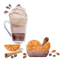 aguarela mão desenhado composição com em camadas café com leite café xícara, açoitado creme, laranja, canela. isolado em branco fundo. para convites, cafeteria, restaurante Comida cardápio, imprimir, local na rede Internet, cartões vetor