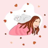 vetor ilustração para nacional animal mês, gato fidelidade dia, gato dia. corações fundo. fofa gato sentado em costas do garota.