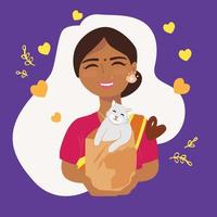 sorridente indiano menina com gato dentro bolsa. vetor ilustração para nacional animal mês, gato fidelidade dia, gato dia.