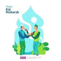 feliz eid mubarak ou ramadã saudação com caráter de pessoas. conceito de ilustração de design islâmico para modelo de página de destino da web, social, cartaz, anúncio, promoção, mídia impressa, banner ou apresentação vetor