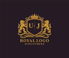 modelo de logotipo de luxo real de leão de letra uj inicial em arte vetorial para restaurante, realeza, boutique, café, hotel, heráldica, joias, moda e outras ilustrações vetoriais. vetor