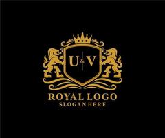 modelo de logotipo de luxo real de leão de carta uv inicial em arte vetorial para restaurante, realeza, boutique, café, hotel, heráldica, joias, moda e outras ilustrações vetoriais. vetor