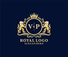 modelo de logotipo de luxo real de leão de carta vp inicial em arte vetorial para restaurante, realeza, boutique, café, hotel, heráldica, joias, moda e outras ilustrações vetoriais. vetor