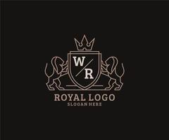 modelo de logotipo de luxo real de leão de carta inicial wr em arte vetorial para restaurante, realeza, boutique, café, hotel, heráldica, joias, moda e outras ilustrações vetoriais. vetor