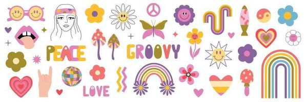 retro Anos 70 groovy hippie definir. y2k. retro vibrações. groovy margarida flores, arco-íris, cogumelos, placa paz, corações, lava lâmpada, sorridente flores, flor criança, fofa desenho animado flores vetor