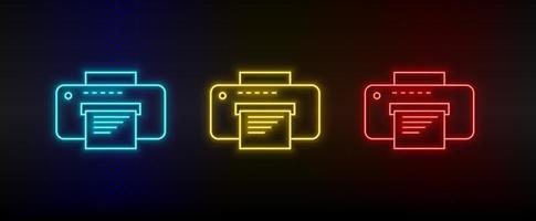 néon ícone conjunto cópia de impressora. conjunto do vermelho, azul, amarelo néon vetor ícone em transparência Sombrio fundo