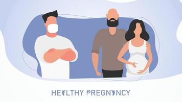 saudável gravidez poster. uma grávida mulher e dela marido veio para a doutor. vetor ilustração.
