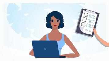 mulher com computador portátil freelance ou estude conceito. vetor ilustração dentro uma plano estilo.
