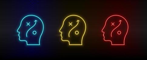 néon ícone conjunto humano mente, cabeça, planejando. conjunto do vermelho, azul, amarelo néon vetor ícone em transparência Sombrio fundo