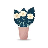 ramalhete do flores dentro uma vaso. branco papoulas. vetor ilustração dentro plano estilo, boho. florescendo cravo flores, decorativo folhas