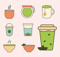 linha de chá e conjunto de ícones de estilo de preenchimento vetor