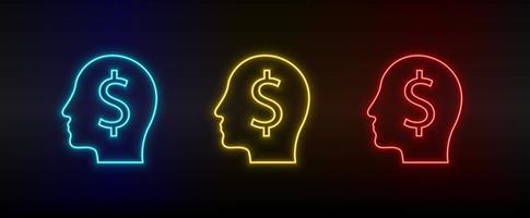 néon ícone conjunto humano mente, finança, dinheiro. conjunto do vermelho, azul, amarelo néon vetor ícone em transparência Sombrio fundo
