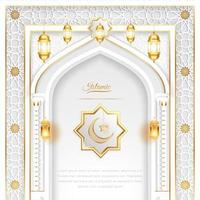 Ramadã árabe islâmico branco e dourado luxo ornamental fundo com islâmico padronizar e decorativo lanternas vetor