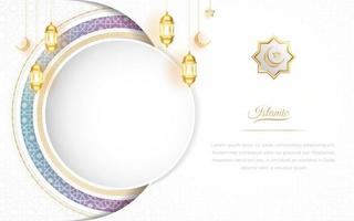 Ramadã árabe islâmico branco e dourado luxo ornamental fundo com islâmico padronizar e decorativo lanternas vetor