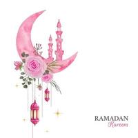 Ramadã cumprimento projeto, aguarela crescente lua e minaretes decorado com Rosa rosas ramalhete e suspensão lanternas ilustração vetor