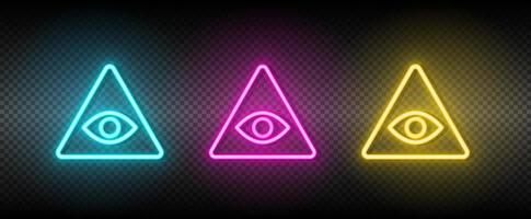 olho, pirâmide néon vetor ícone. ilustração néon azul, amarelo, vermelho ícone conjunto