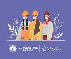 trabalhadoras essenciais femininas com máscaras de rosto banner com ícones vetor