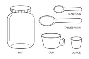 cerveja, xícara, onça, colher de sopa, colher de chá ícones. básico cozinha métrica unidades do cozinhando Medidas. a maioria comumente usava volume medidas, peso do líquidos vetor