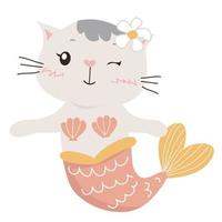 fofa e kawaii gato sereia em branco fundo para crianças moda obras de arte, crianças livros, aniversário convites, cumprimento cartões, cartazes vetor