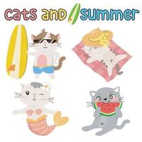 conjunto do fofa adorável gatos e verão Atividades em uma branco fundo para crianças moda obras de arte, crianças livros, aniversário convites, cumprimento cartões, cartazes. fantasia desenho animado vetor ilustração.