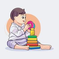 feliz bebê Garoto sentado com colorida arco Iris brinquedo vetor ilustração livre baixar