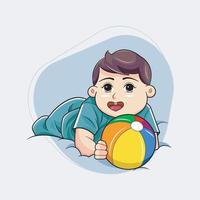 feliz bebê Garoto em a chão com brinquedo colorida bola vetor ilustração pró baixar