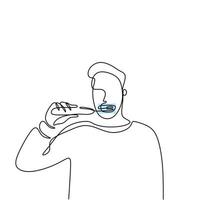um jovem de desenho contínuo escova os dentes de manhã cedo ou à noite. personagem de um homem de pijama escovando os dentes tristemente. conceito de higiene dental. design minimalista vetor