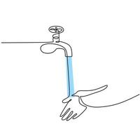 contínuo um desenho de linha de lavar as mãos na pia, isolado no fundo branco. lavagem das mãos das pessoas com água da torneira para prevenir infecções bacterianas ou virais. vetor