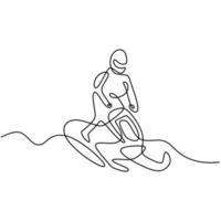 homem de linha única desenhada contínua em um snowmobile na neve fresca, isolada no fundo branco. jovem homem dirigindo snowmobile. conceito de esporte de inverno extremo. estilo minimalista. ilustração vetorial vetor
