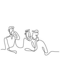 silhueta de arte de linha contínua de três homens em uma pequena mesa. adolescente grupo masculino jovem se divertindo no café. uma empresa de amigos em um café, conceito de encontros. estilo minimalista. vetor