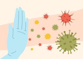 diga pare de coronavírus, bactérias, fungos e infecções. ilustração em vetor de vírus corona com parada de gesto de mão. surtos de pandemia e de vírus corona.