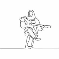 uma linha contínua desenhada linda garota hijab tocando violão. jovem muslimah tocando violão enquanto canta uma música. ilustração vetorial desenhado à mão design minimalista tema musical vetor