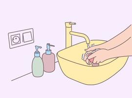 higiene, desinfecção, culinária, coronavírus, conceito de proteção. mulher ou homem lavando as mãos com sabonete na pia em casa na quarentena. medidas preventivas da ilustração de infecção por doença de covid19. vetor