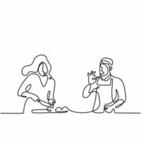 contínuo um desenho de linha homem e mulher cozinhando juntos. jovem masculino e feminino prepara comida na cozinha, atividade durante a família e momentos de lazer. divirta-se com o hobby. ilustração vetorial vetor