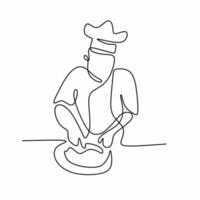 desenho de linha contínua do chef cozinhando uma refeição gourmet. um jovem chef está se preparando para fazer uma comida e fazer o estilo de simplicidade de design de esboço desenhado à mão minimalismo garnishing. ilustração vetorial vetor