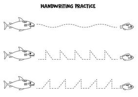 rastreamento linhas para crianças. fofa Tubarão e peixe. escrevendo prática. vetor