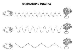 rastreamento linhas para crianças. fofa peixe e coral. escrevendo prática. vetor