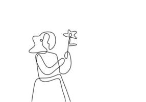 mulher segurando um desenho de linha contínua de uma flor. linda jovem com flores frescas e parece tão feliz isolado no fundo branco. garotas de caráter com flor. ilustração vetorial vetor