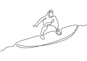 um desenho de linha contínua de um jovem enérgico jogando windsurf no oceano do mar. um homem tentando surfar isolado no fundo branco. conceito de esporte de estilo de vida saudável. ilustração vetorial vetor