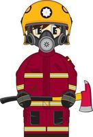 fofa desenho animado bombeiro personagem com Machado vetor